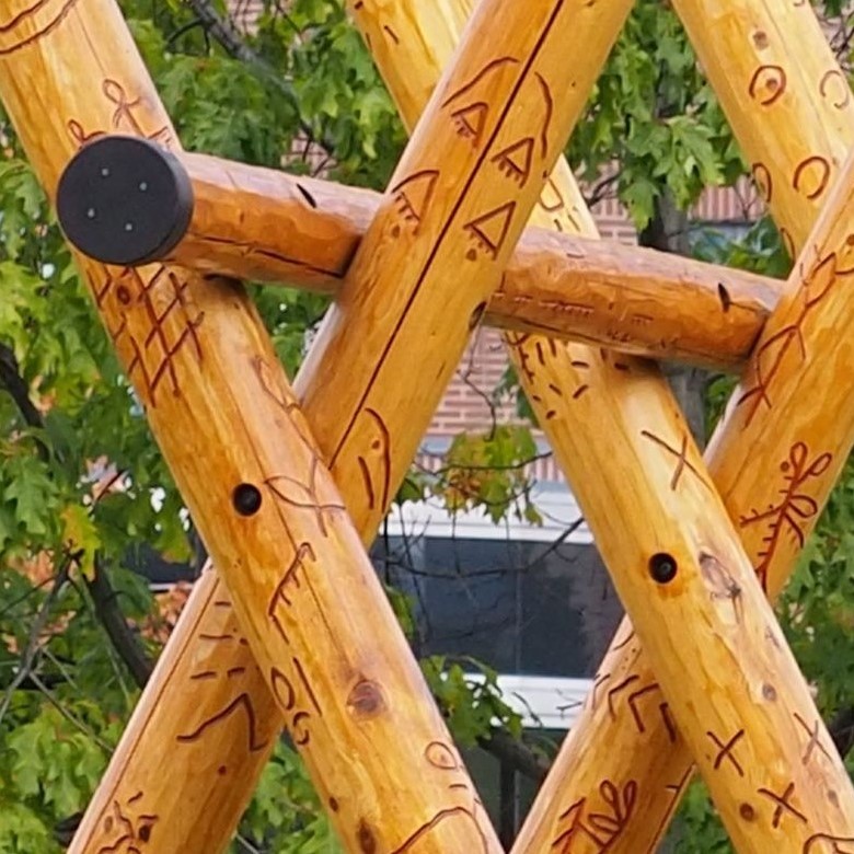 Story Poles installation in the UBC Okanagan campus courtyard.