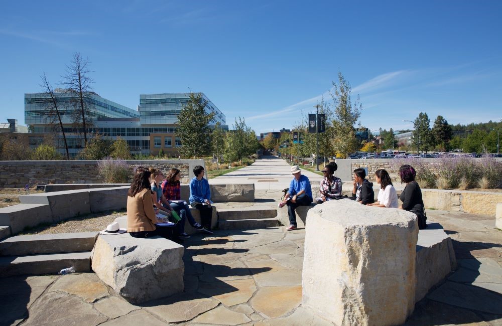 Students sitting outside on campus